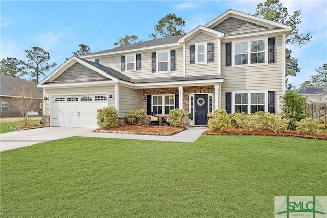 view of front facade with a garage, a front yard, concrete driveway, and brick siding