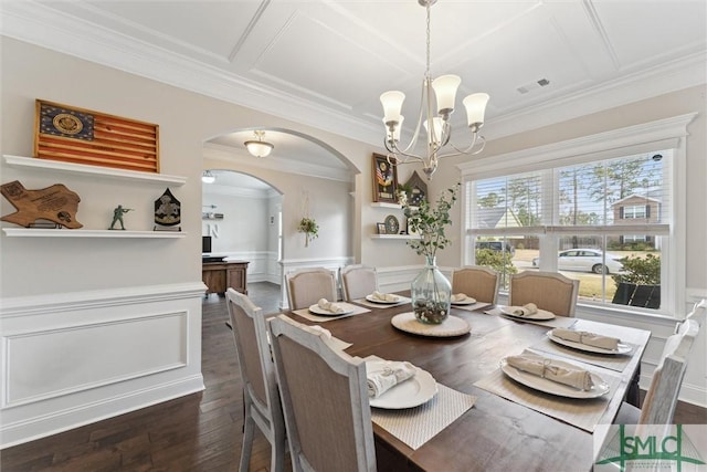 dining space with visible vents, arched walkways, wainscoting, ornamental molding, and dark wood-style flooring