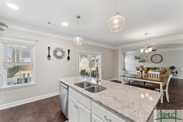 100 Timberland Trl, Richmond Hill, GA 31324 - kitchen featuring dishwasher, a sink, ornamental molding, dark wood-style floors, and white cabinets