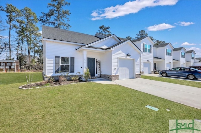 view of front facade featuring a garage, a front yard, concrete driveway, and a shingled roof