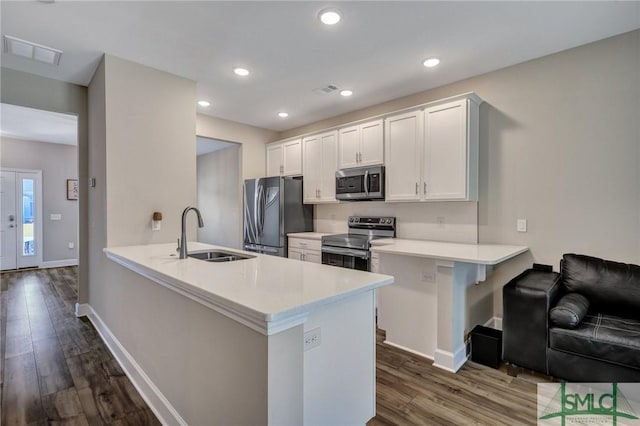 kitchen with a peninsula, dark wood finished floors, stainless steel appliances, and a sink