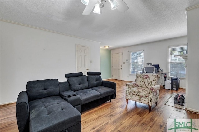 living room featuring crown molding, a textured ceiling, baseboards, and wood finished floors