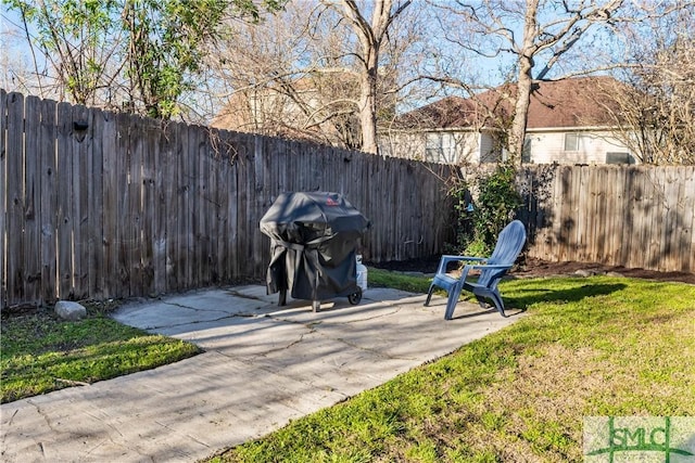 view of yard with a fenced backyard and a patio area