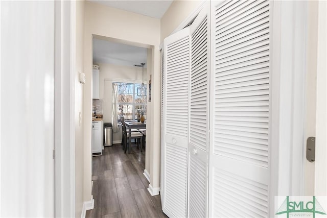 corridor featuring dark wood-style flooring