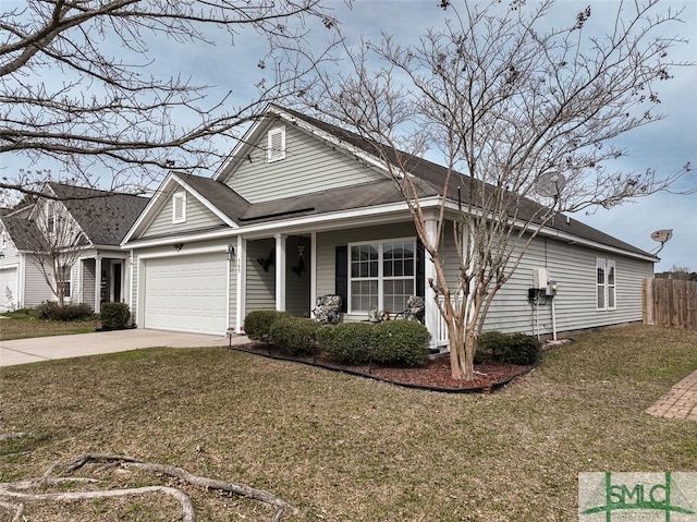 view of front of property featuring a garage, driveway, a front lawn, and fence