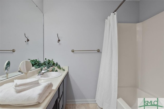 full bath featuring shower / bathtub combination with curtain, baseboards, tile patterned flooring, and vanity