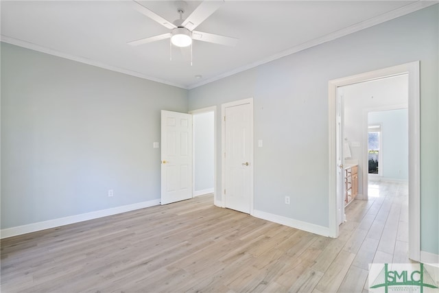 unfurnished bedroom featuring ornamental molding, light wood-type flooring, a ceiling fan, and baseboards