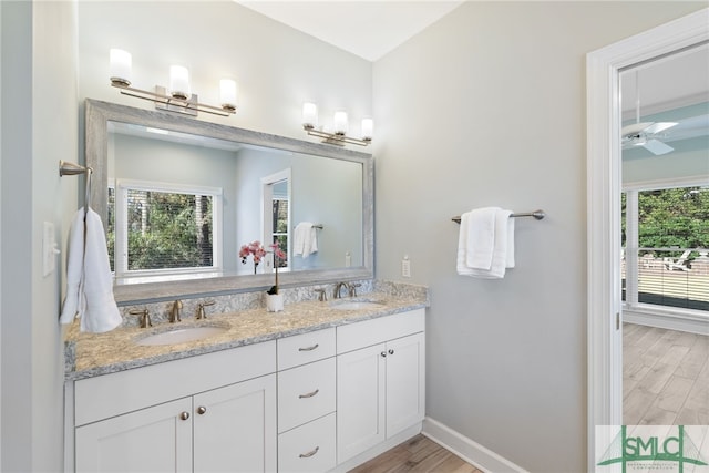 bathroom featuring double vanity, wood finished floors, and a sink