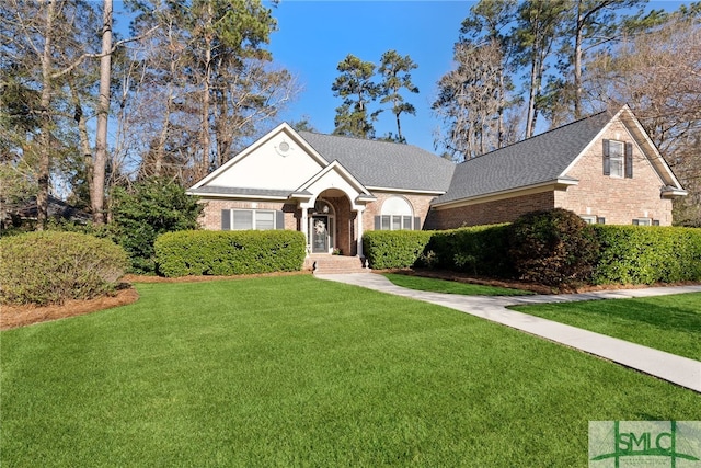 view of front of home with roof with shingles, a front lawn, and brick siding