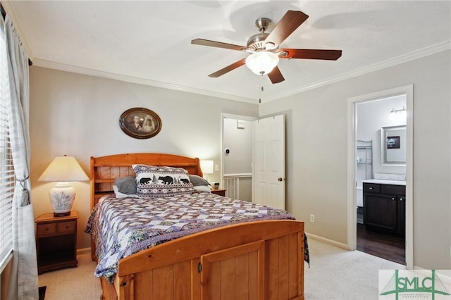 bedroom featuring baseboards, light colored carpet, ceiling fan, and crown molding