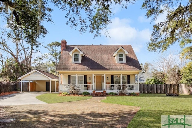 cape cod home with a porch, concrete driveway, a front yard, and fence