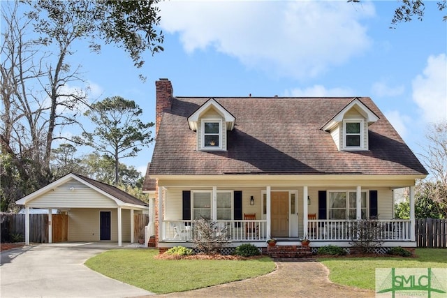 cape cod house featuring a carport, covered porch, driveway, and fence