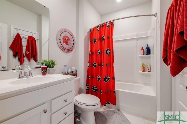 full bath featuring vanity, toilet, and shower / tub combo with curtain