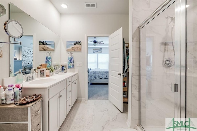 ensuite bathroom with marble finish floor, visible vents, a shower stall, and ensuite bath