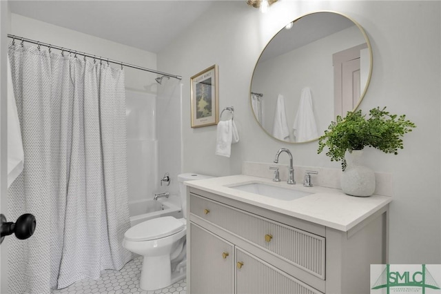 bathroom with shower / tub combo, tile patterned flooring, vanity, and toilet