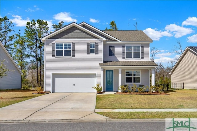 view of front facade featuring driveway, a garage, a shingled roof, fence, and a front yard