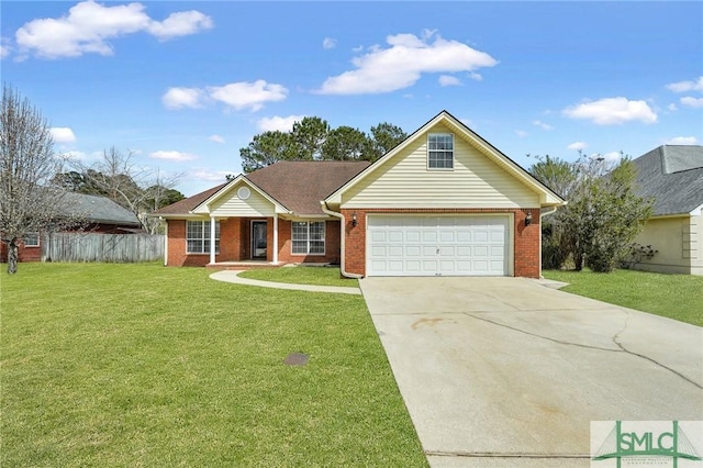 ranch-style house featuring brick siding, fence, a garage, driveway, and a front lawn