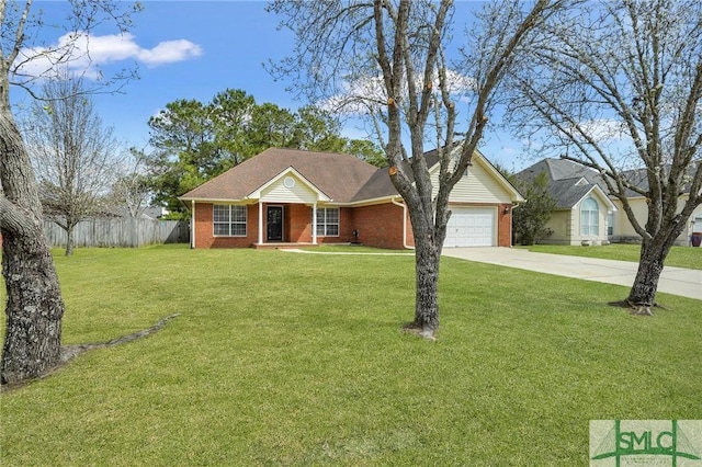 ranch-style house featuring brick siding, concrete driveway, an attached garage, a front yard, and fence