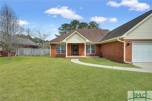 ranch-style house featuring a garage, driveway, brick siding, fence, and a front yard