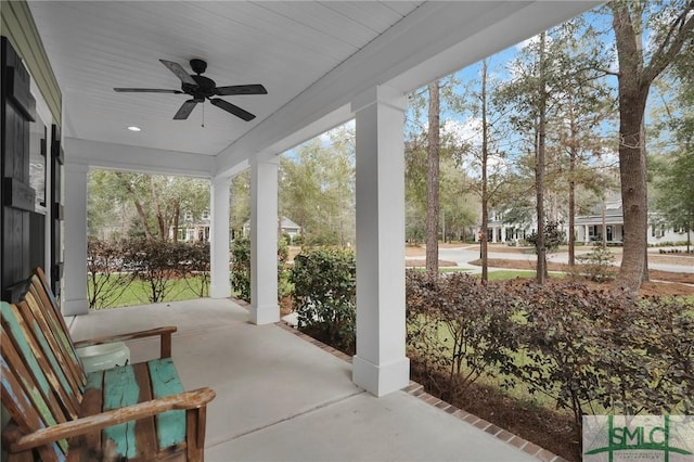 view of patio / terrace featuring covered porch and a ceiling fan