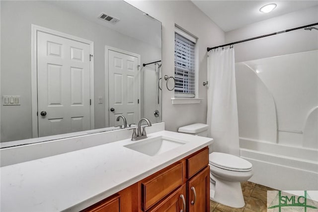 full bathroom featuring toilet, shower / bath combination with curtain, vanity, and visible vents