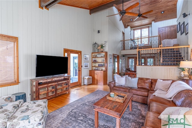 living area featuring high vaulted ceiling, wooden ceiling, wood finished floors, a ceiling fan, and beam ceiling