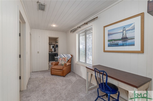 carpeted office featuring wooden ceiling and visible vents