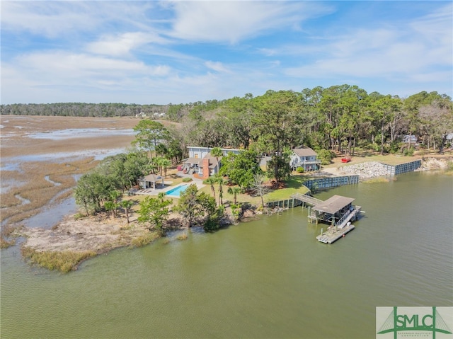 drone / aerial view featuring a water view