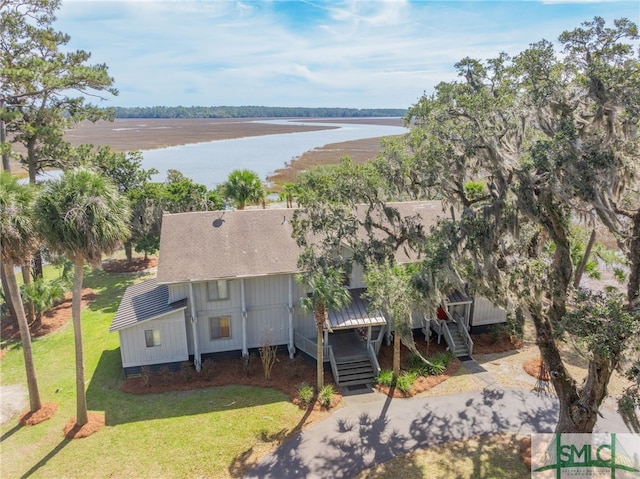 drone / aerial view featuring a water view