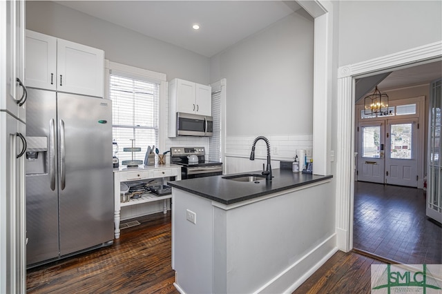 kitchen featuring dark wood-style floors, appliances with stainless steel finishes, white cabinetry, a sink, and a peninsula