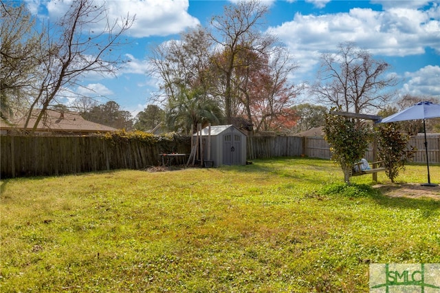 view of yard with a storage shed, an outbuilding, and a fenced backyard