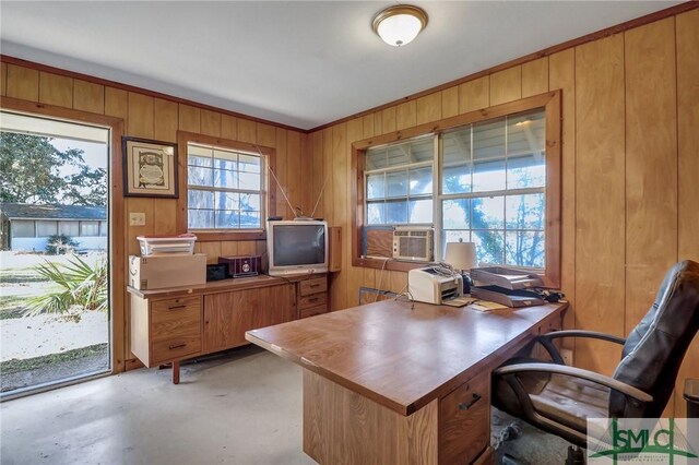 126 Grove Point Island Rd, Savannah, GA 31419 - office space with concrete flooring, wooden walls, crown molding, and cooling unit