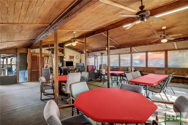 126 Grove Point Island Rd, Savannah, GA 31419 - dining space featuring wood ceiling, a ceiling fan, lofted ceiling, plenty of natural light, and wooden walls