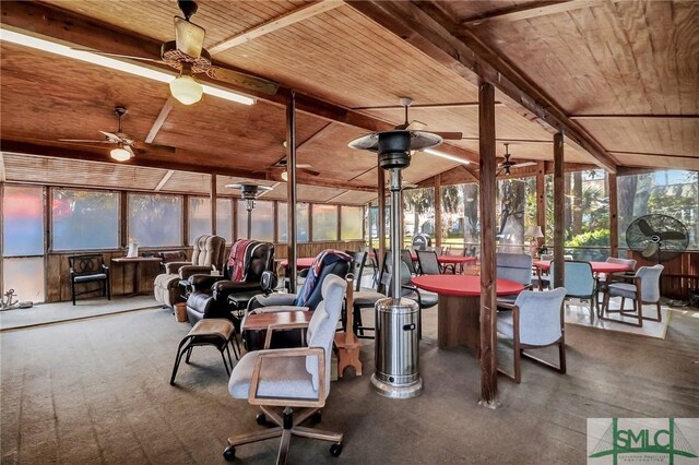 126 Grove Point Island Rd, Savannah, GA 31419 - sunroom with wood ceiling, ceiling fan, and outdoor dining area