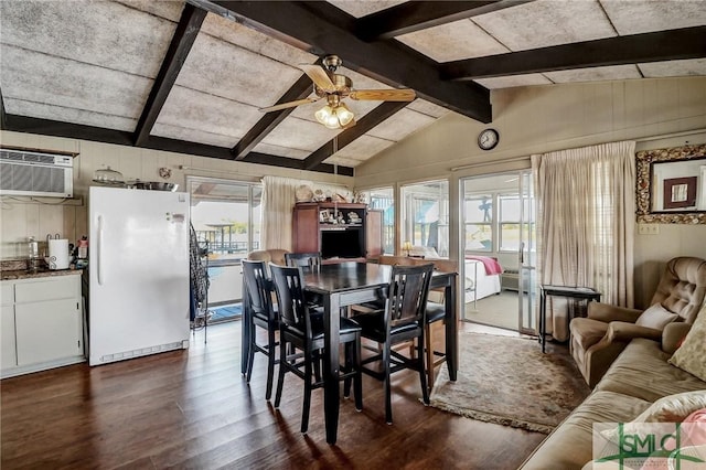 126 Grove Point Island Rd, Savannah, GA 31419 - dining area featuring dark wood-style floors, a wall mounted AC, ceiling fan, and wooden walls