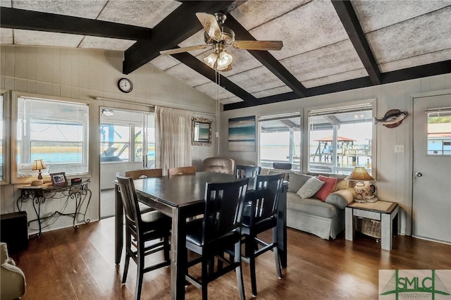 126 Grove Point Island Rd, Savannah, GA 31419 - dining area with wood finished floors, a ceiling fan, and wood walls