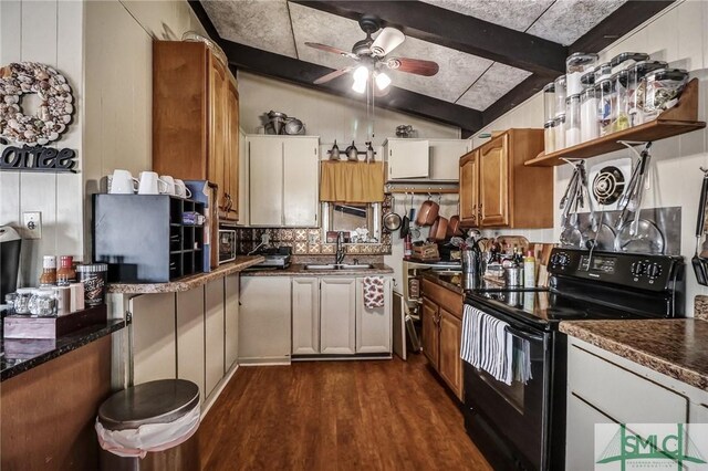 126 Grove Point Island Rd, Savannah, GA 31419 - kitchen with black electric range, a sink, dark wood-style floors, ceiling fan, and brown cabinetry