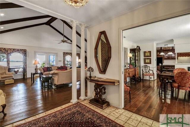 126 Grove Point Island Rd, Savannah, GA 31419 - foyer featuring decorative columns, wood finished floors, a ceiling fan, recessed lighting, and baseboards