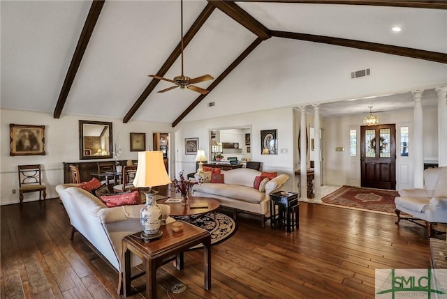126 Grove Point Island Rd, Savannah, GA 31419 - living area with hardwood / wood-style floors, beam ceiling, a ceiling fan, high vaulted ceiling, and decorative columns
