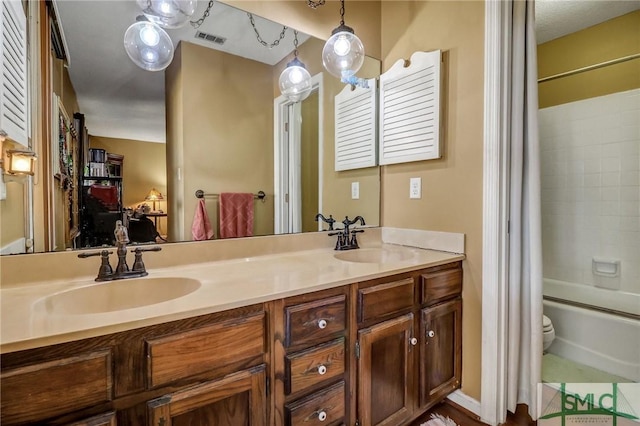 126 Grove Point Island Rd, Savannah, GA 31419 - bathroom with shower / bath combination with curtain, double vanity, and toilet