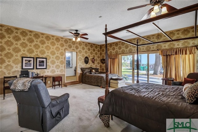 126 Grove Point Island Rd, Savannah, GA 31419 - carpeted bedroom with wallpapered walls, access to exterior, a textured ceiling, and ceiling fan
