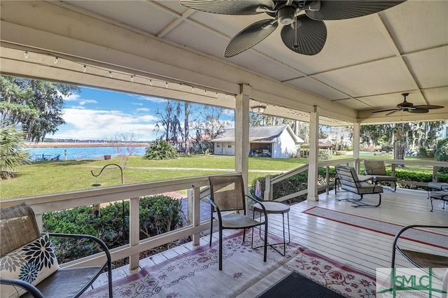 126 Grove Point Island Rd, Savannah, GA 31419 - sunroom / solarium featuring ceiling fan and a water view