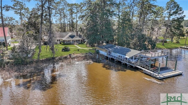126 Grove Point Island Rd, Savannah, GA 31419 - dock with a water view, view of scattered trees, and a lawn