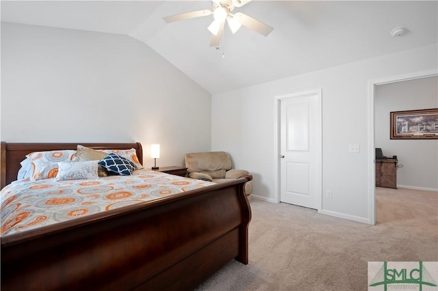 bedroom featuring lofted ceiling, ceiling fan, baseboards, and light colored carpet