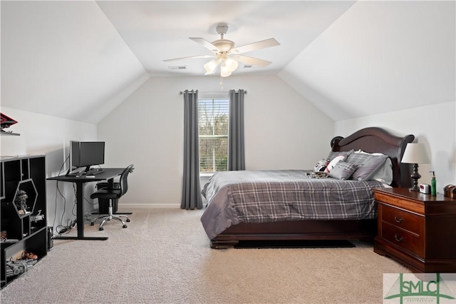 bedroom with carpet, lofted ceiling, visible vents, a ceiling fan, and baseboards