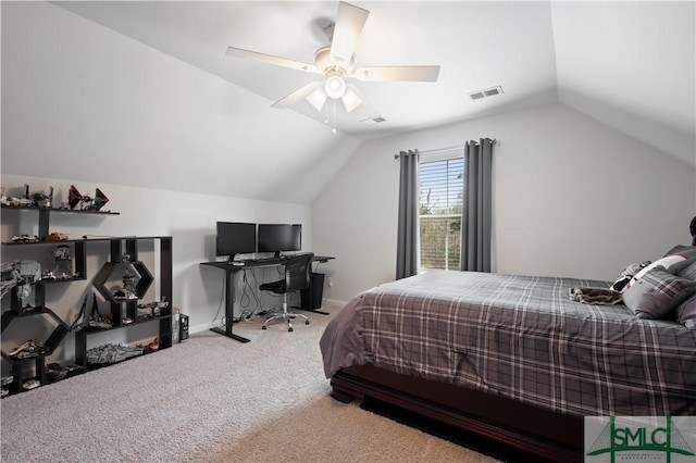 carpeted bedroom featuring vaulted ceiling, a ceiling fan, visible vents, and baseboards