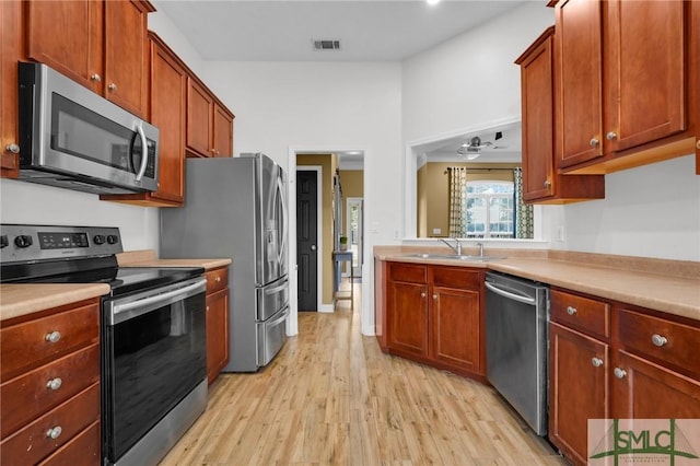 kitchen with stainless steel appliances, light countertops, visible vents, light wood-style floors, and a sink