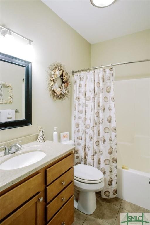 full bath featuring shower / bath combo with shower curtain, vanity, toilet, and tile patterned floors