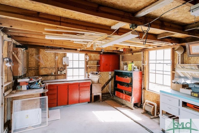 basement with a wealth of natural light and a workshop area