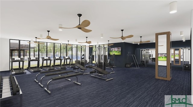 workout area with carpet, floor to ceiling windows, and ceiling fan